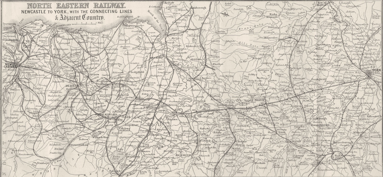 NORTH EAST RAILWAY. Newcastle to York 1874 old antique vintage map plan chart